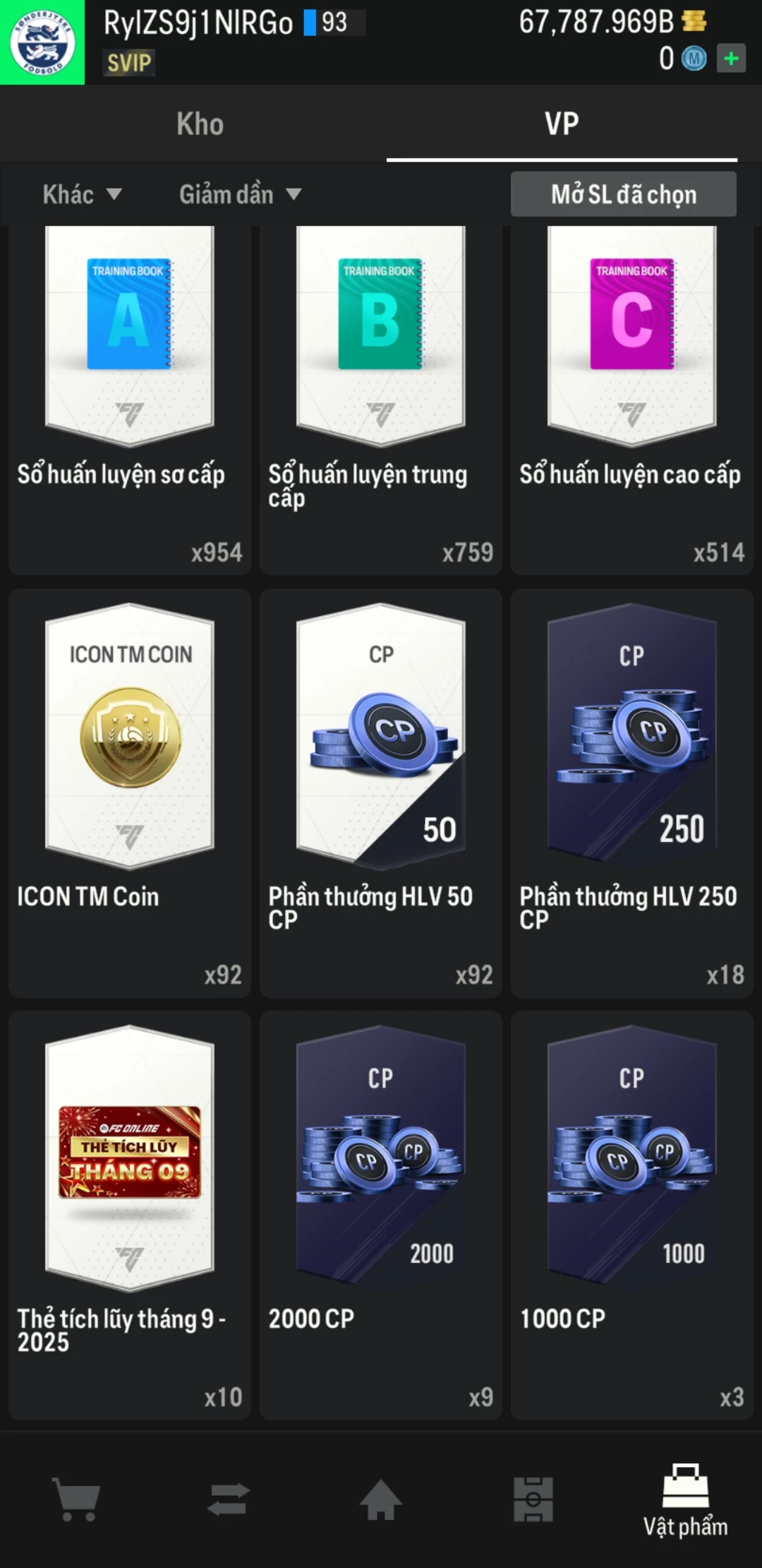 Ảnh ACC mở thẻ (LOẠI SVIP PROMAX) bao gồm 1 gói thẻ +12, thẻ PRIME và 1000+ thẻ cầu thủ từ Siêu sao đến Miền núi các loại. Có sẵn BP trắng trong acc từ 57.000 tỷ BP đến 67.000 tỷ BP, kèm theo nhiều ngày SVIP